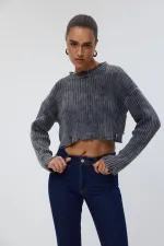 Bisiklet Yaka Crop Triko Kadın Kazak %100 Pamuk