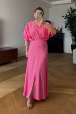 V Yaka Kısa Kollu Uzun Elbise