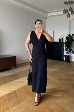 V Yaka Toka Detaylı Midi Elbise