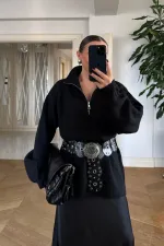 High-Neck Zip-Up Knitted Women's Sweater