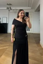 One-Shoulder Long Dress with Buckle Detail and Gathered Style One-Shoulder Long Dress with Buckle Detail and Gathered Style