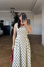 Square Neck Polka Dot Strappy Midi Dress Square Neck Polka Dot Strappy Midi Dress