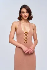 Boyundan Geçmeli Triko Uzun Elbise