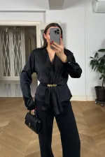 Kruvaze Yaka Uzun Kollu Bluz