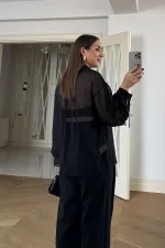 Chemisier en mousseline à manches longues et col mandarin