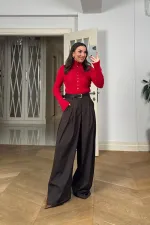 Pensli Kemerli Geniş Paça Kadın Pantolon