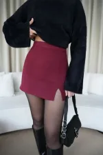 Yırtmaçlı Mini Kaşe Etek