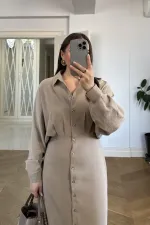 Kuşak Detaylı Uzun Kollu Gömlek Elbise