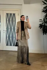 Suni Deri Püskül Detaylı Mini Etek