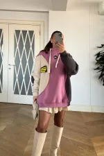 Blok Renkli Kapüşonlu Kadın Sweatshirt