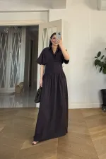 Gömlek Yaka Drapeli Uzun Elbise