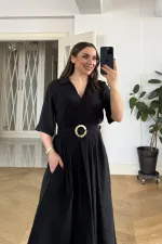 Kruvaze Yaka Kısa Kollu Uzun Elbise