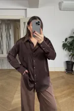 Gold Düğmeli Saten Kadın Gömlek