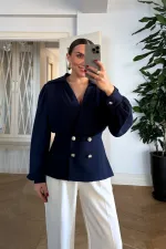 Kruvaze Yaka Gold Düğmeli Bluz