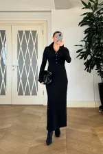 Fitilli Dik Yaka  Uzun Kollu Uzun Elbise