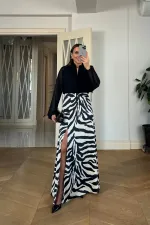 Zebra Desenli Yırtmaçlı Uzun Etek