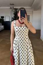 Square Neck Polka Dot Strappy Midi Dress Square Neck Polka Dot Strappy Midi Dress