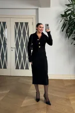 Kadife Dokulu Midi Gömlek Elbise