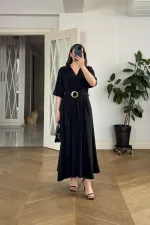 Kruvaze Yaka Kısa Kollu Uzun Elbise