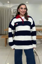 Polo Yaka Çizgili Triko Kadın Kazak