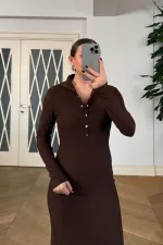 Fitilli Dik Yaka  Uzun Kollu Uzun Elbise