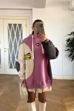 Blok Renkli Kapüşonlu Kadın Sweatshirt
