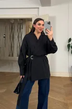 Kruvaze Kemerli Uzun Kollu Bluz