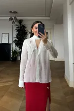 V-Neck Scarf Detailed Chiffon Blouse