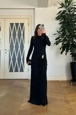 Toka Detaylı Büzgülü Uzun Kollu Elbise