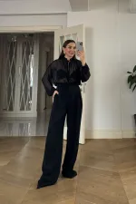 Chemisier en mousseline à manches longues et col mandarin