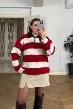 Polo Yaka Çizgili Triko Kadın Kazak