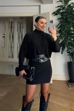 Yarasa Kol Kemerli Mini Elbise