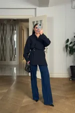 Kruvaze Kemerli Uzun Kollu Bluz