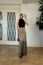 Suni Deri Püskül Detaylı Mini Etek