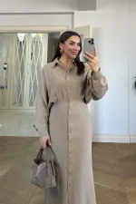 Kuşak Detaylı Uzun Kollu Gömlek Elbise