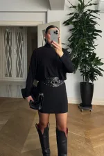 Yarasa Kol Kemerli Mini Elbise