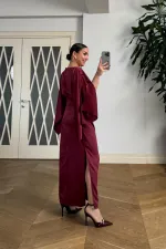 Kayık Yaka Kol Detaylı Saten Elbise