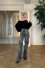 Leopar Desenli Denim Kadın Pantolon