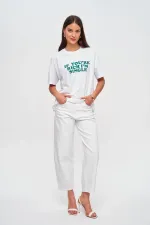 Oversize Bisiklet Yaka Baskılı Kadın Tişört