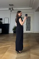 Sleeveless Long Dress with Gathered Detail and Padded Shoulders Sleeveless Long Dress with Gathered Detail and Padded Shoulders