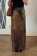 Suni Deri Püskül Detaylı Mini Etek