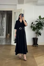 Kruvaze Yaka Kısa Kollu Uzun Elbise