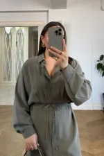 Kuşak Detaylı Uzun Kollu Gömlek Elbise