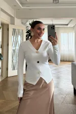 V Yaka Fitilli Uzun Kollu Bluz