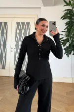 Dik Yaka Fitilli Uzun Kollu Bluz