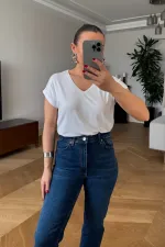 Kesik Paça Boyfit Kadın Denim Pantolon