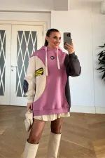 Blok Renkli Kapüşonlu Kadın Sweatshirt