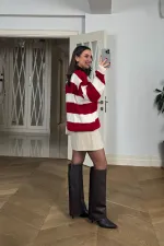 Polo Yaka Çizgili Triko Kadın Kazak