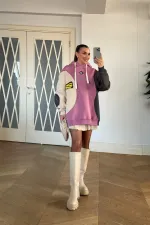 Blok Renkli Kapüşonlu Kadın Sweatshirt