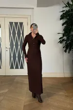 Fitilli Dik Yaka  Uzun Kollu Uzun Elbise